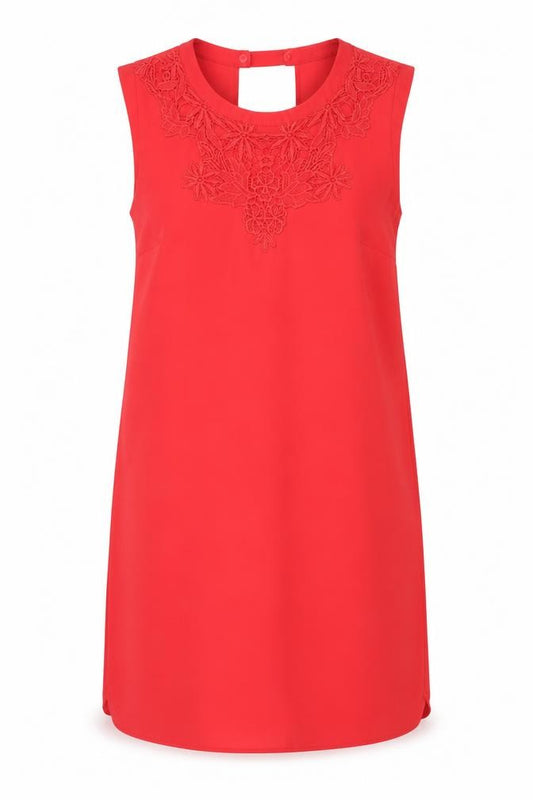 Front view of Oasis women’s red polyester shift, size UK 12, boat neck button - crocheted lace detail