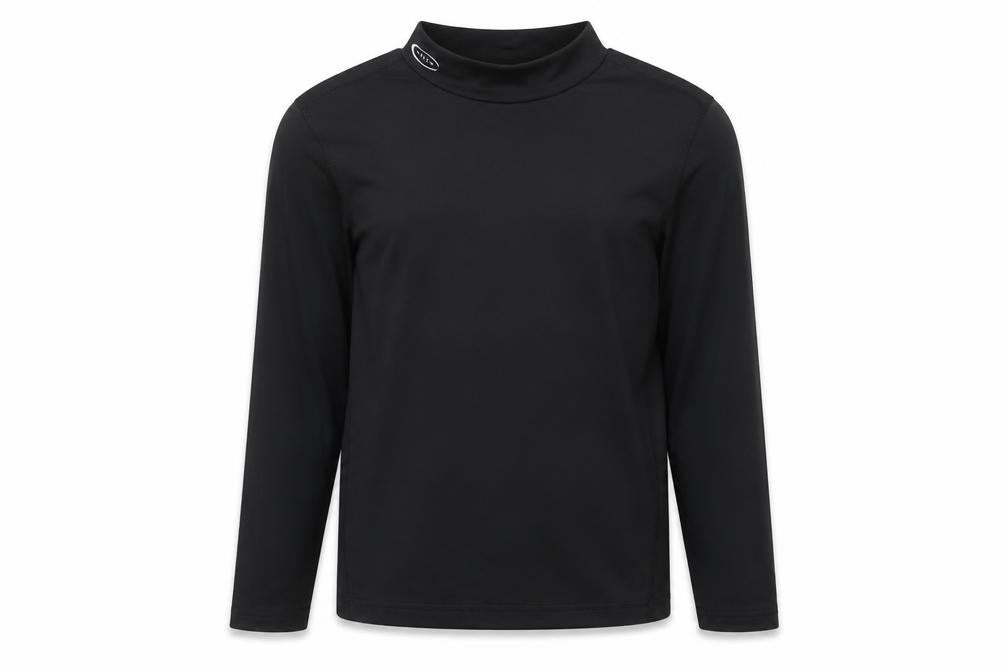 Front view of Crane boys’ black polyester pullover t-shirt, size 9-10, years mock neck pullover