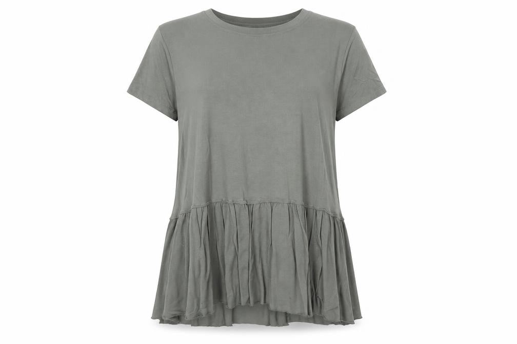 Front view of BDG women’s green modal basic t-shirt, size S, boat neck