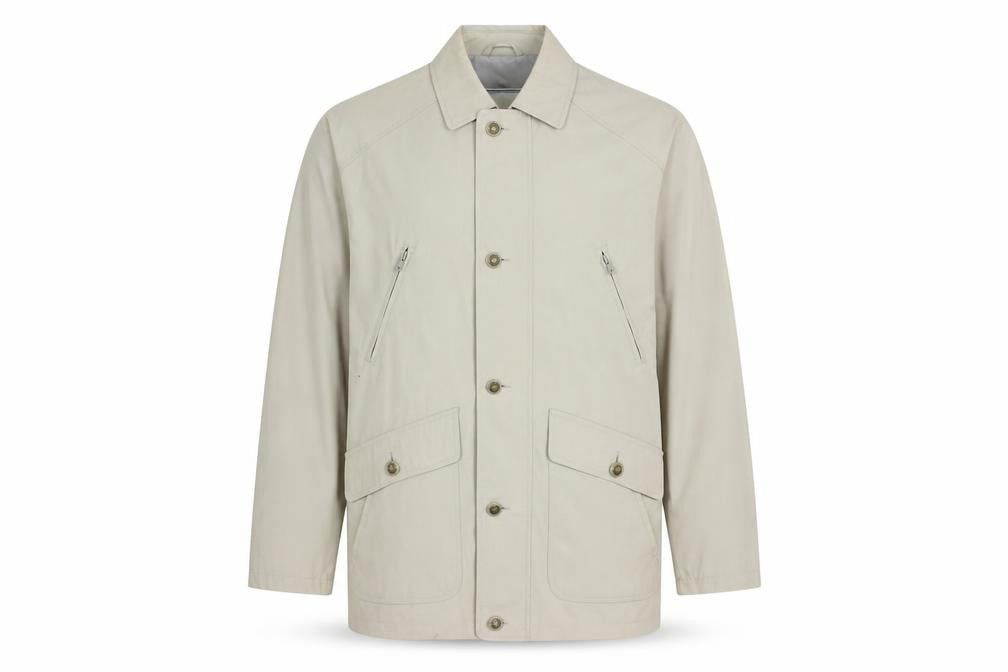 Front view of Aldon men’s beige jacket, size S, zip