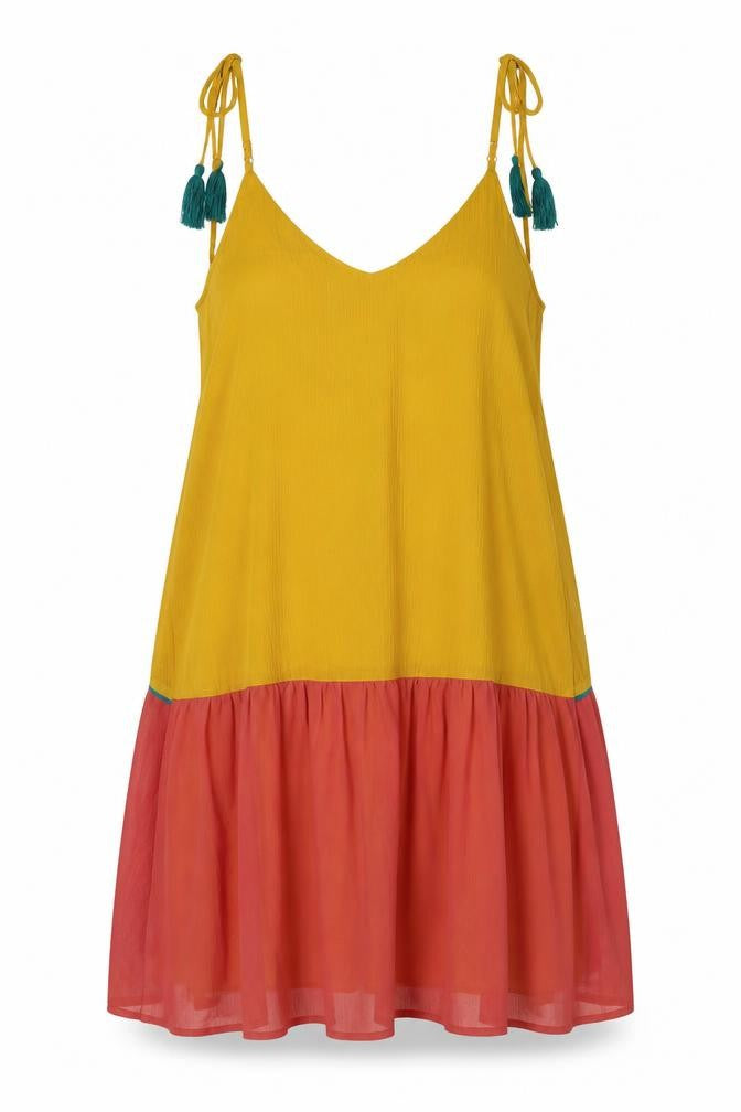 Front view of Mossimo women’s yellow colourblock polyester tank dress, size M, v-neck pullover