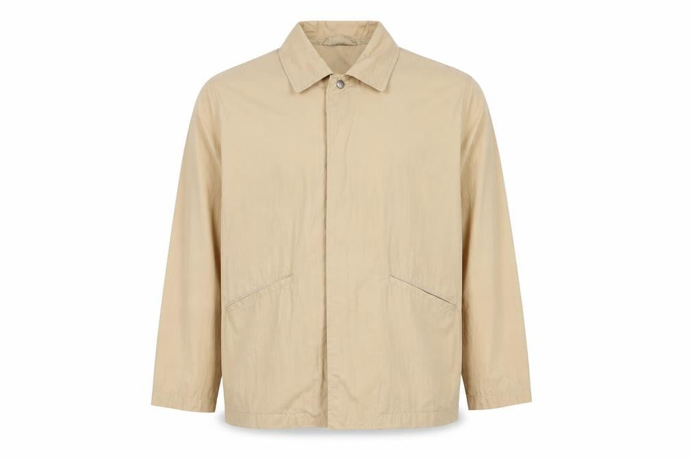 Front view of PFM men’s beige jacket, size S, button
