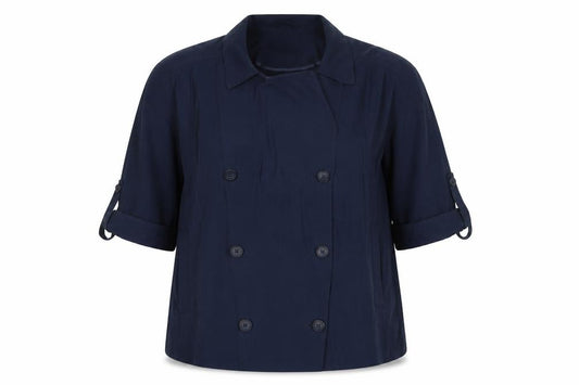 Front view of Marks & Spencer women’s blue jacket, size UK 14, button