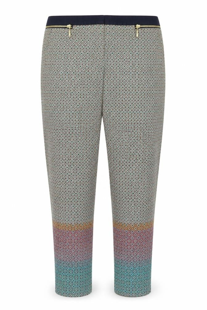 Front view of Zara women’s multicoloured geometric polyester trousers, size UK 10, regular zip