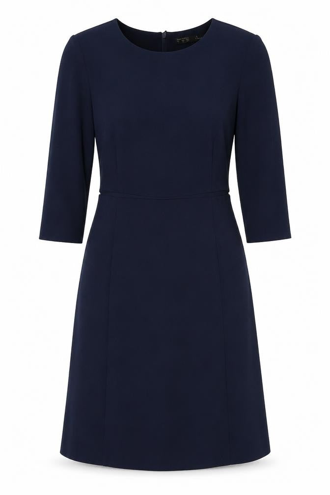 Front view of Zara women’s blue polyester a-line, size S, boat neck zip