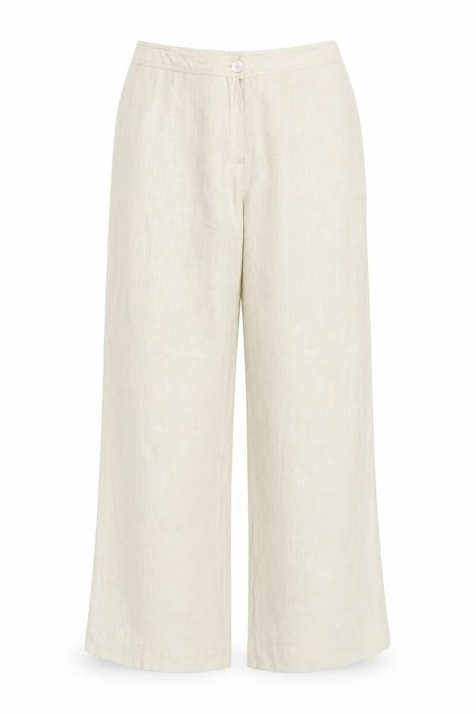 Front view of Michael Ambers women’s beige linen trousers, size UK 16, regular zip