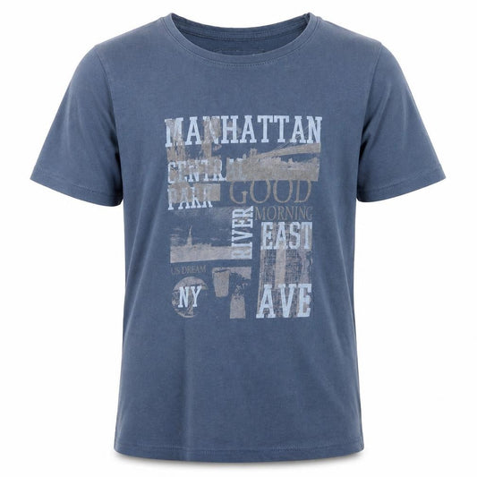 Front view of Kids Graffiti boys’ blue cotton pullover t-shirt, size 10, years round neck pullover - manhattan