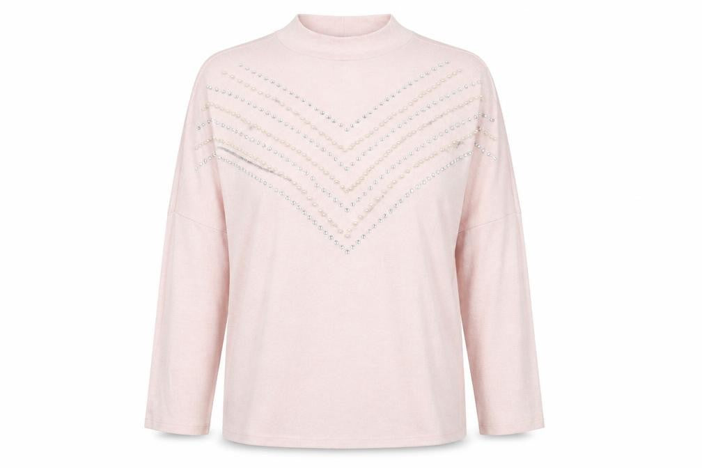 Front view of Select women’s pink round neck viscose jumper, size M