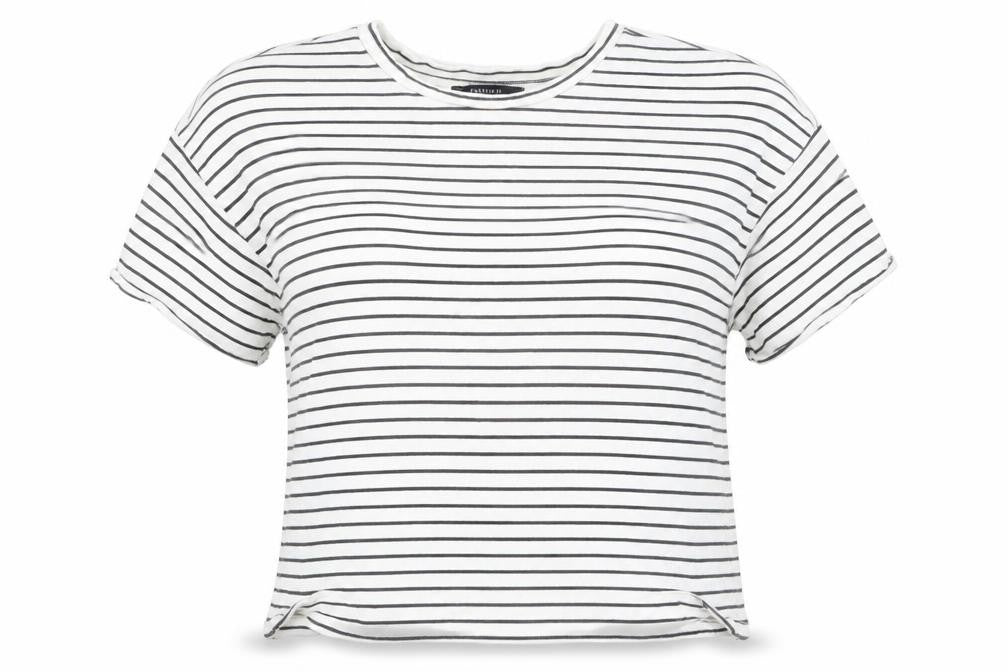 Front view of Forever 21 women’s white striped cotton basic t-shirt, size S, round neck