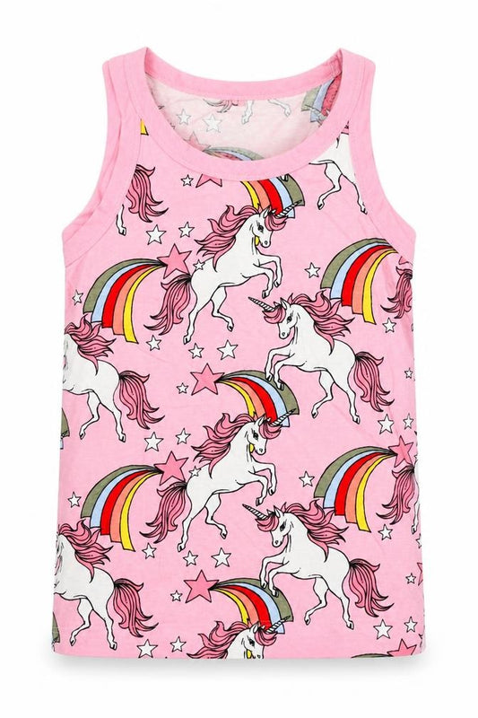 Front view of Next girls’ pink geometric cotton pullover tank, size 12, years boat neck pullover - unicorn print