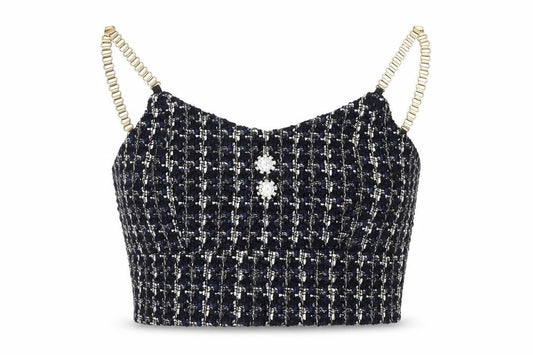Front view of Fashion women’s multicoloured geometric cotton cropped tank, size M, v-neck - chain strap