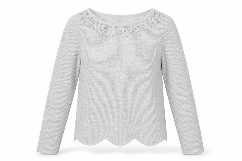 Front view of Camaieu women’s grey round neck acrylic jumper, size S
