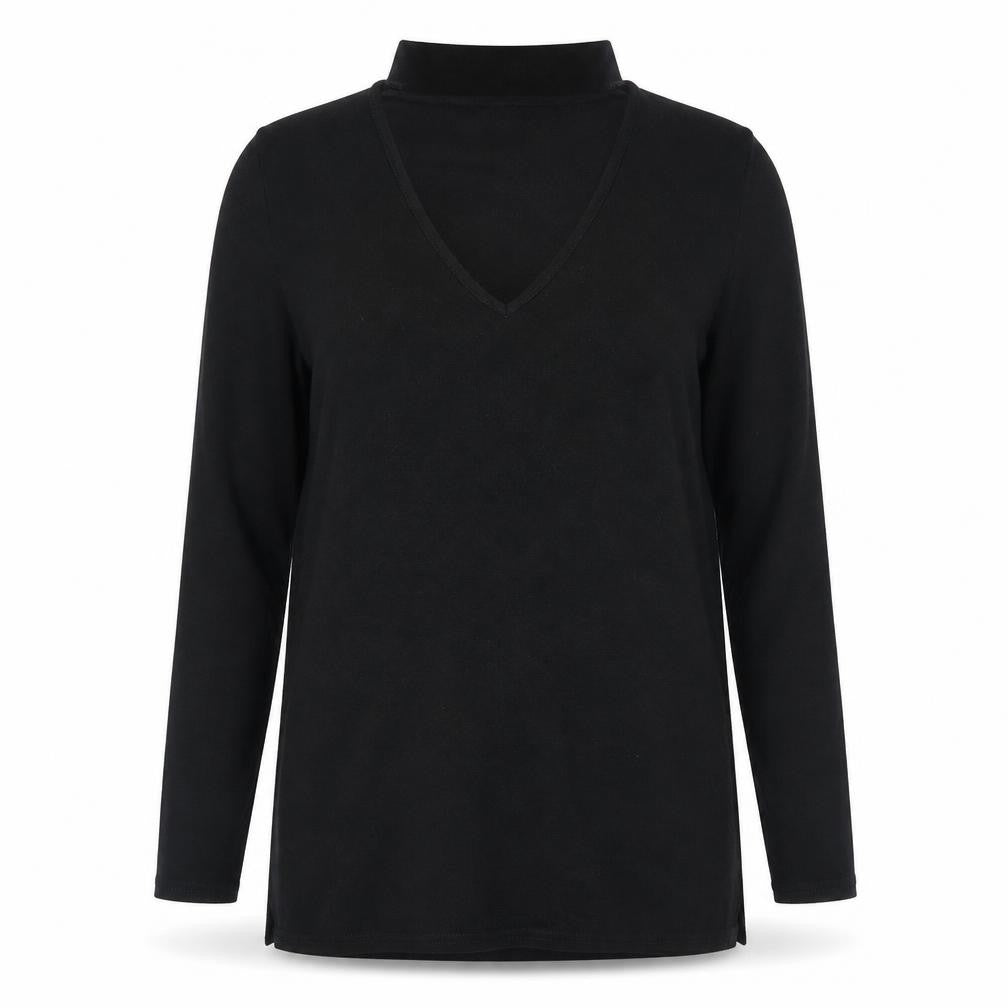 Front view of River Island women’s black round neck polyester jumper, size UK 6, - keyhole neck