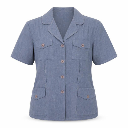 Front view of OPUS women’s blue polyester basic button-up, size UK 12, collared