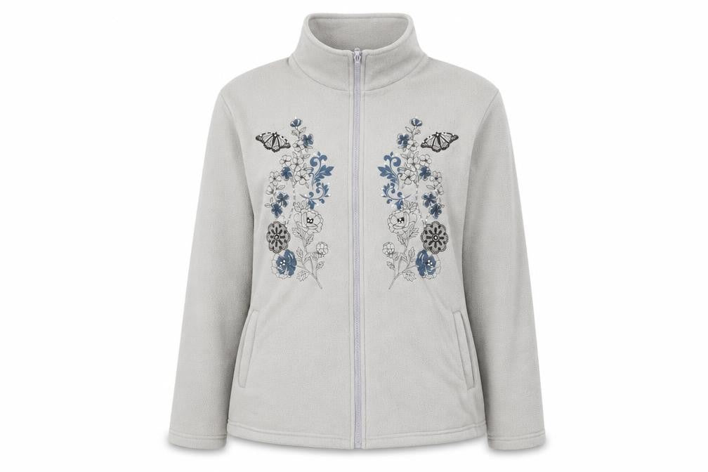 Front view of Anne De Lancay women’s grey jacket, size L, zip - flower detail