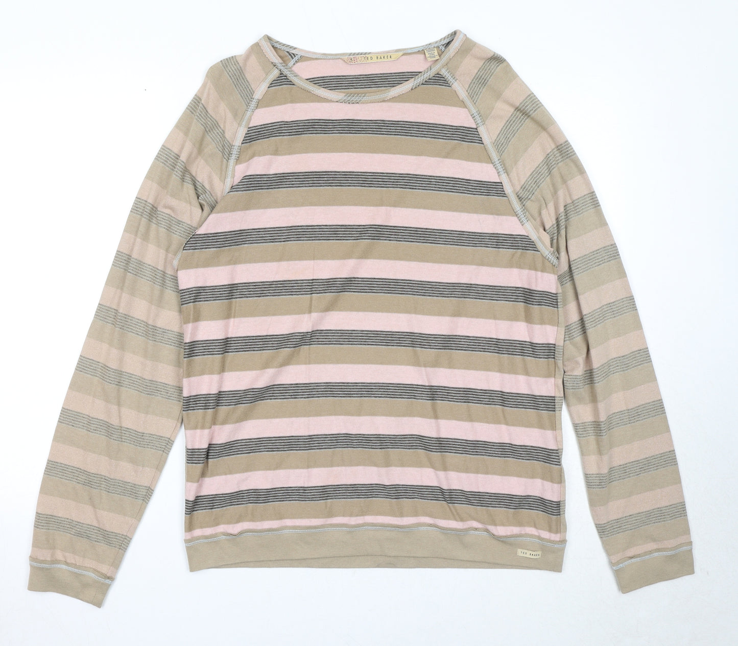 Ted Baker Mens Beige Striped Cotton T-Shirt Size XL Round Neck Pullover