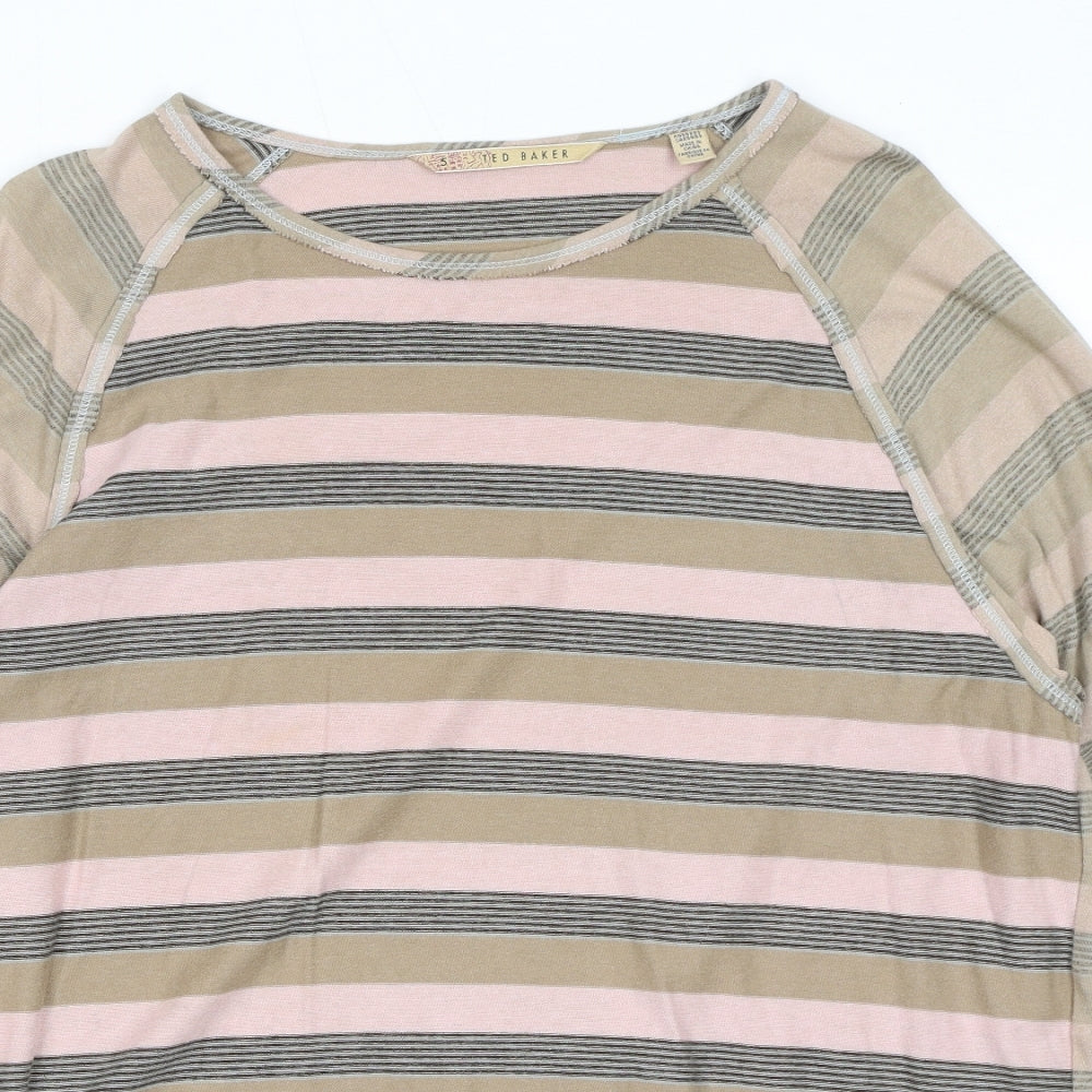 Ted Baker Mens Beige Striped Cotton T-Shirt Size XL Round Neck Pullover