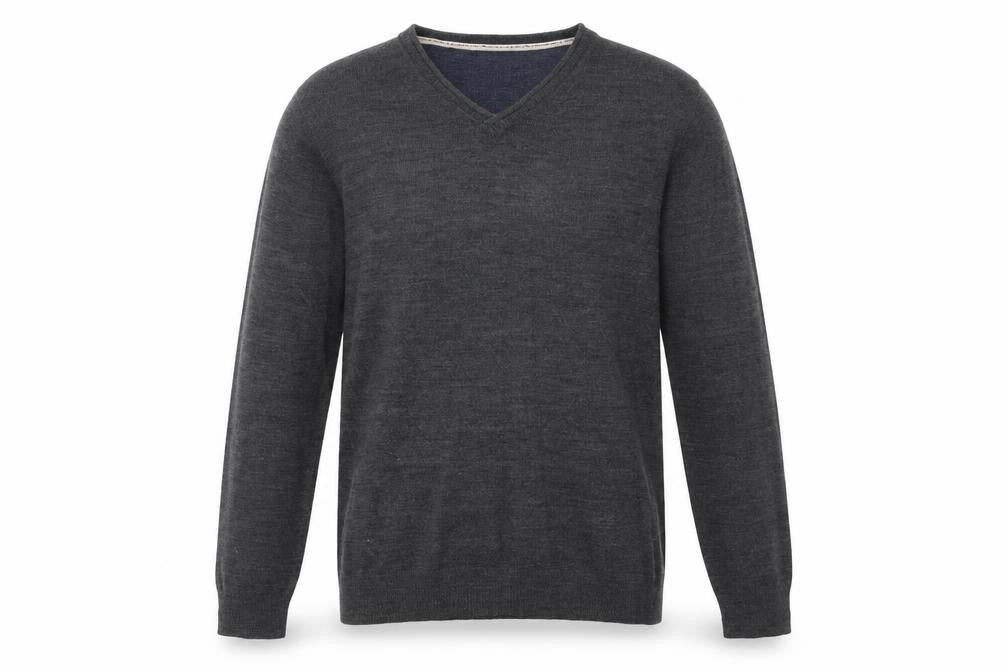 Front view of Industrialize men’s grey v-neck acrylic jumper, size L, long sleeve
