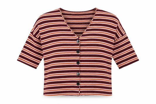Front view of New Look women’s multicoloured v-neck striped polyester cardigan jumper, size L