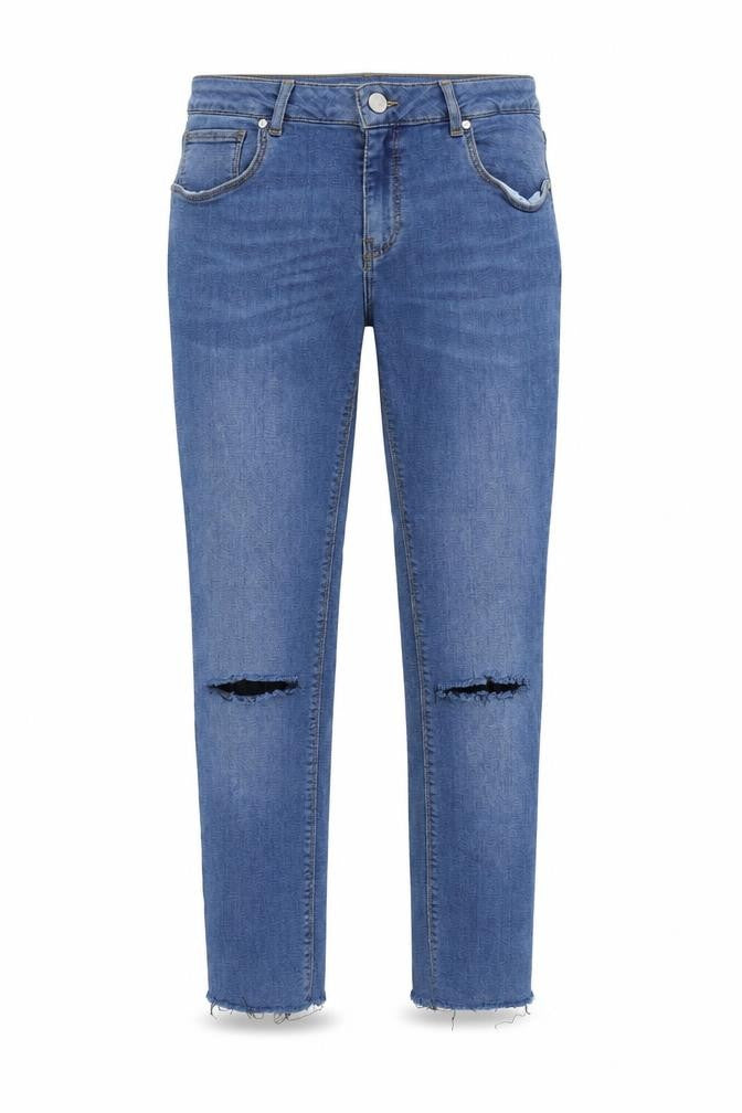 Front view of Never Denim women’s blue polyester straight jeans, size UK 28, in regular zip