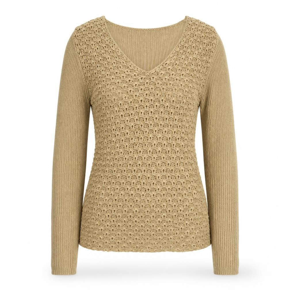 Front view of Mackays Beige V-Neck Viscose jumper, size M
