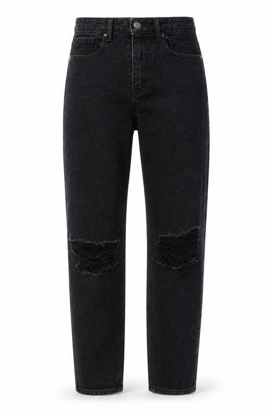Front view of PRETTYLITTLETHING women’s black cotton straight jeans, size UK 6, 30-inch leg regular button