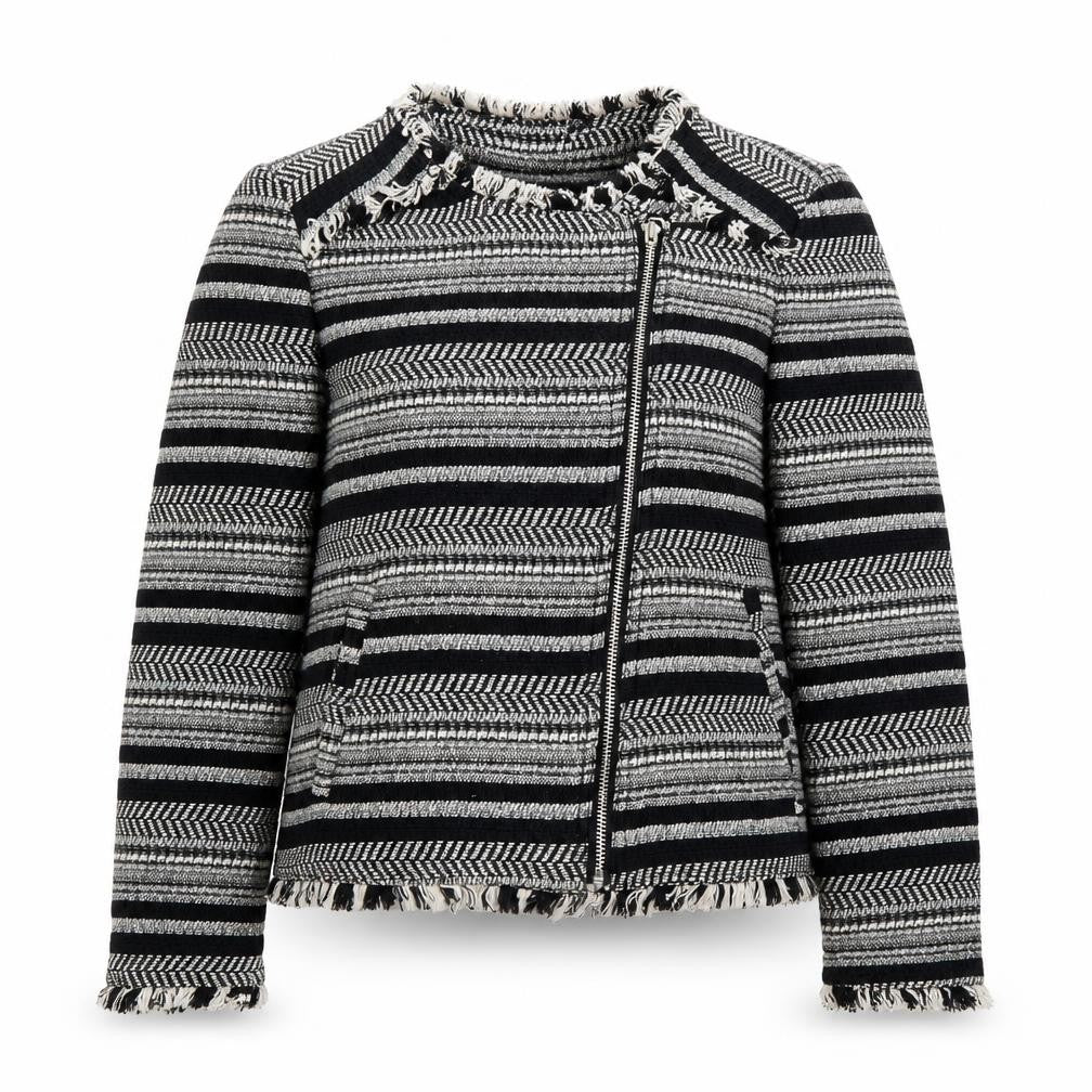 Front view of Divided by H&M women’s multicoloured striped biker jacket, size UK 12, zip