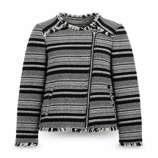 Front view of Divided by H&M women’s multicoloured striped biker jacket, size UK 12, zip