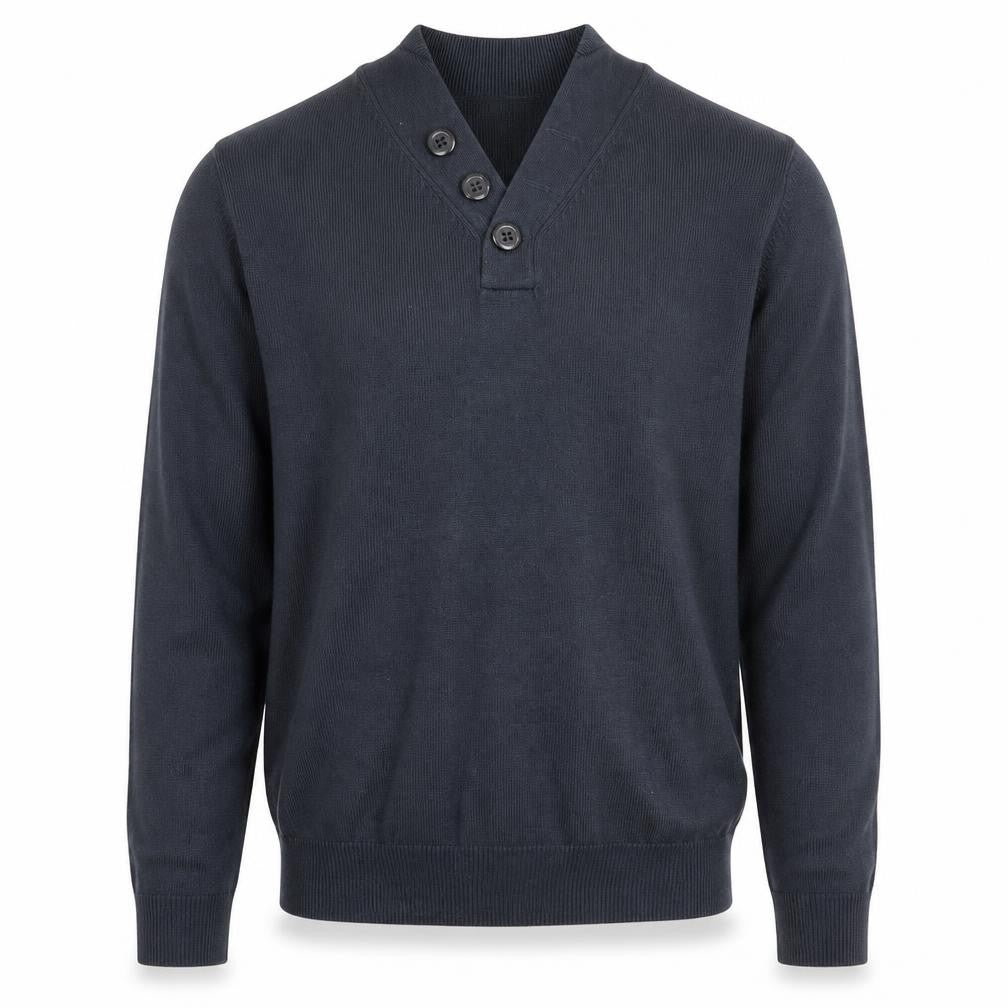 Front view of UrbanSpirit men’s blue v-neck acrylic jumper, size S, long sleeve