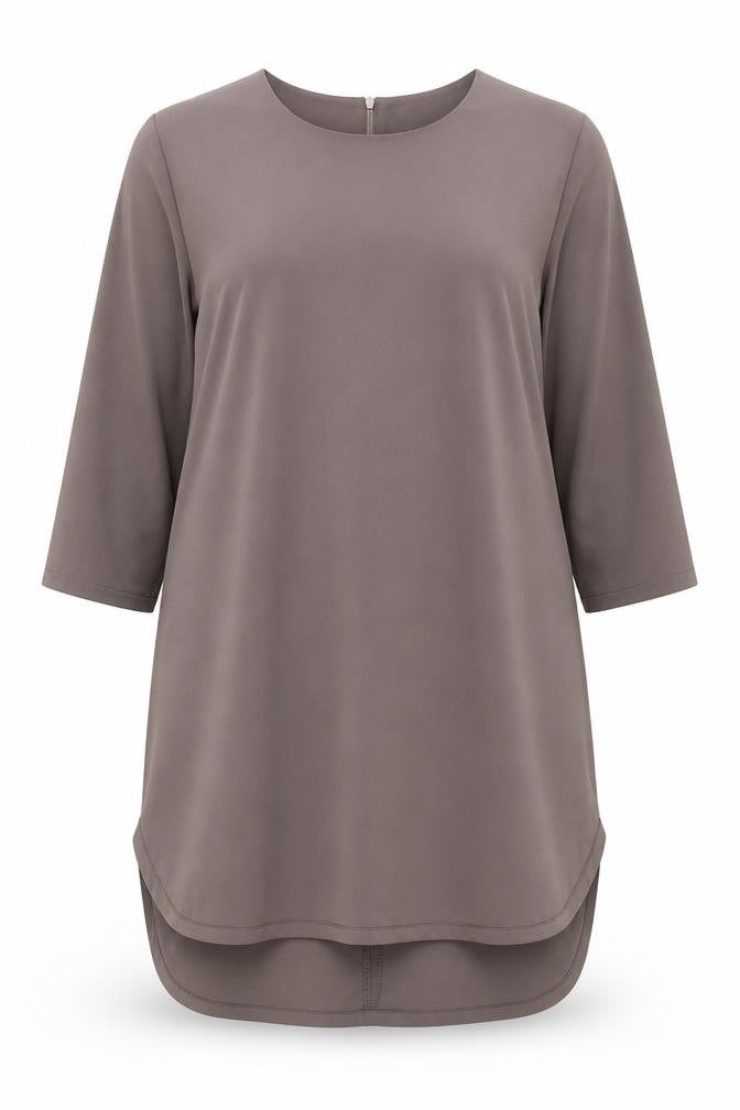 Front view of Boohoo women’s brown polyester a-line, size UK 14, round neck zip