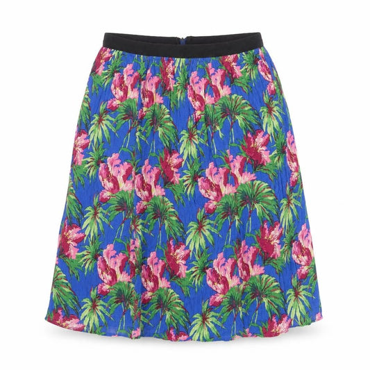 Front view of Topshop women’s blue floral viscose swing skirt, size UK 10, zip