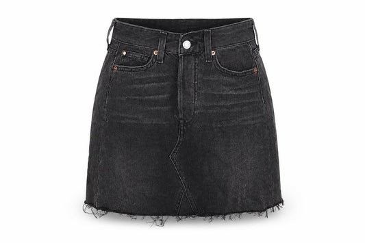 Front view of H&M women’s black cotton a-line skirt, size UK 6, zip
