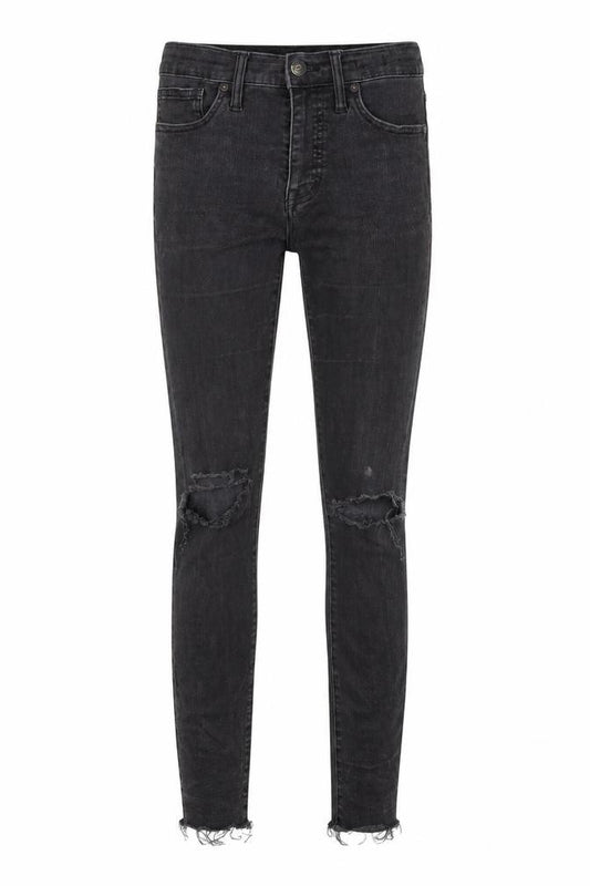 Front view of Madwell women’s black cotton skinny jeans, size UK 26, in regular zip