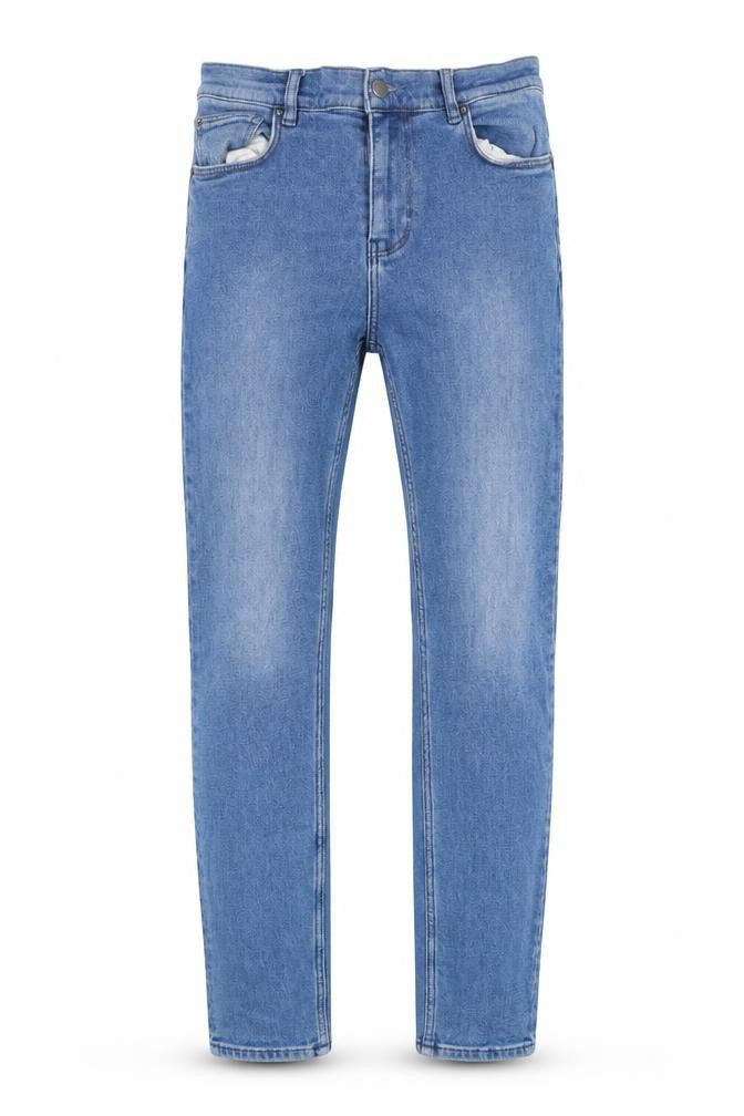 Front view of Visual Clothing Project men’s blue cotton skinny jeans, size 28, in regular zip