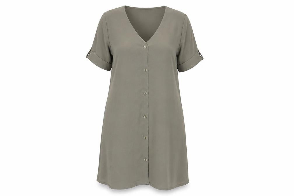 Front view of PRETTYLITTLETHING women’s green polyester a-line, size UK 12, v-neck button