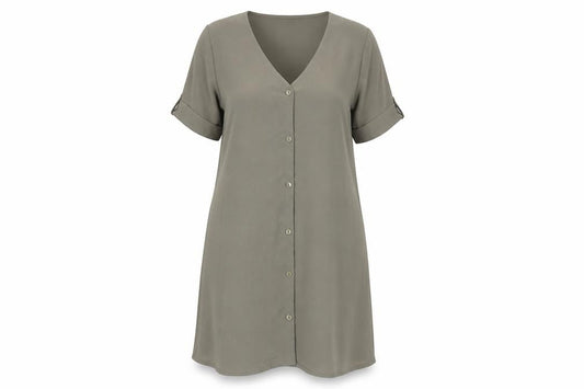 Front view of PRETTYLITTLETHING women’s green polyester a-line, size UK 12, v-neck button