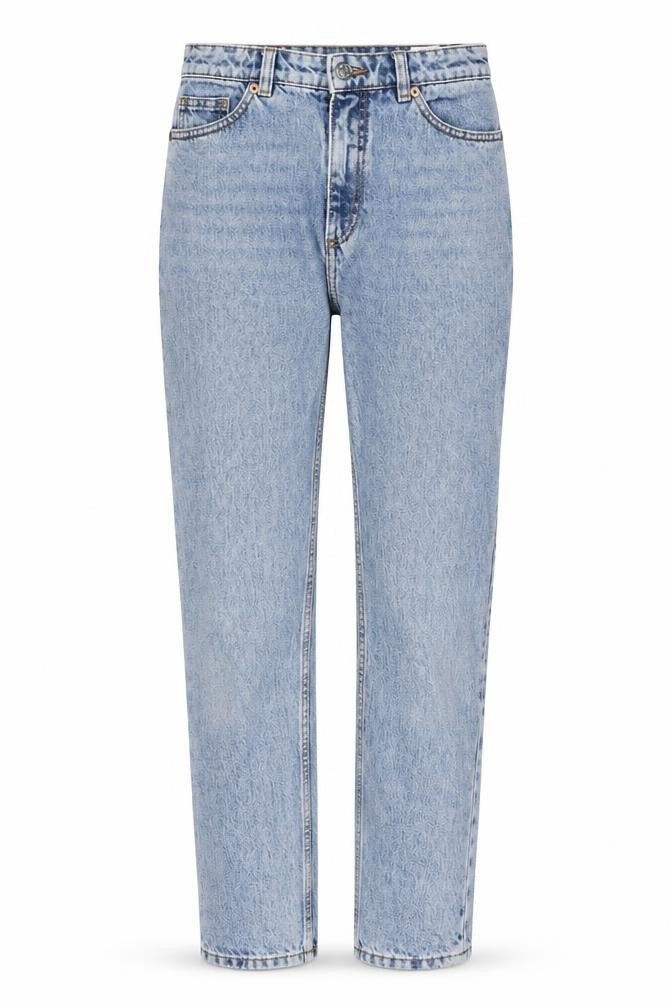 Front view of Monki women’s blue cotton straight jeans, size UK 25, in regular zip