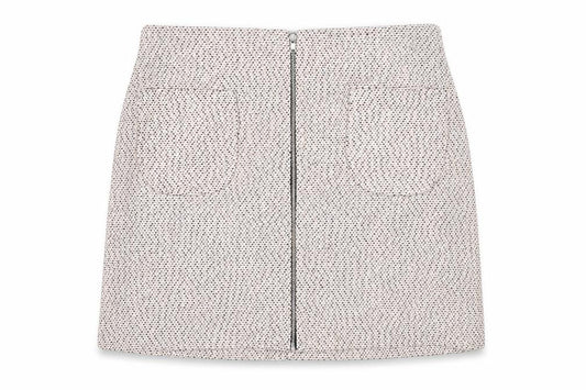 Front view of New Look women’s pink geometric polyester a-line skirt, size UK 12, zip