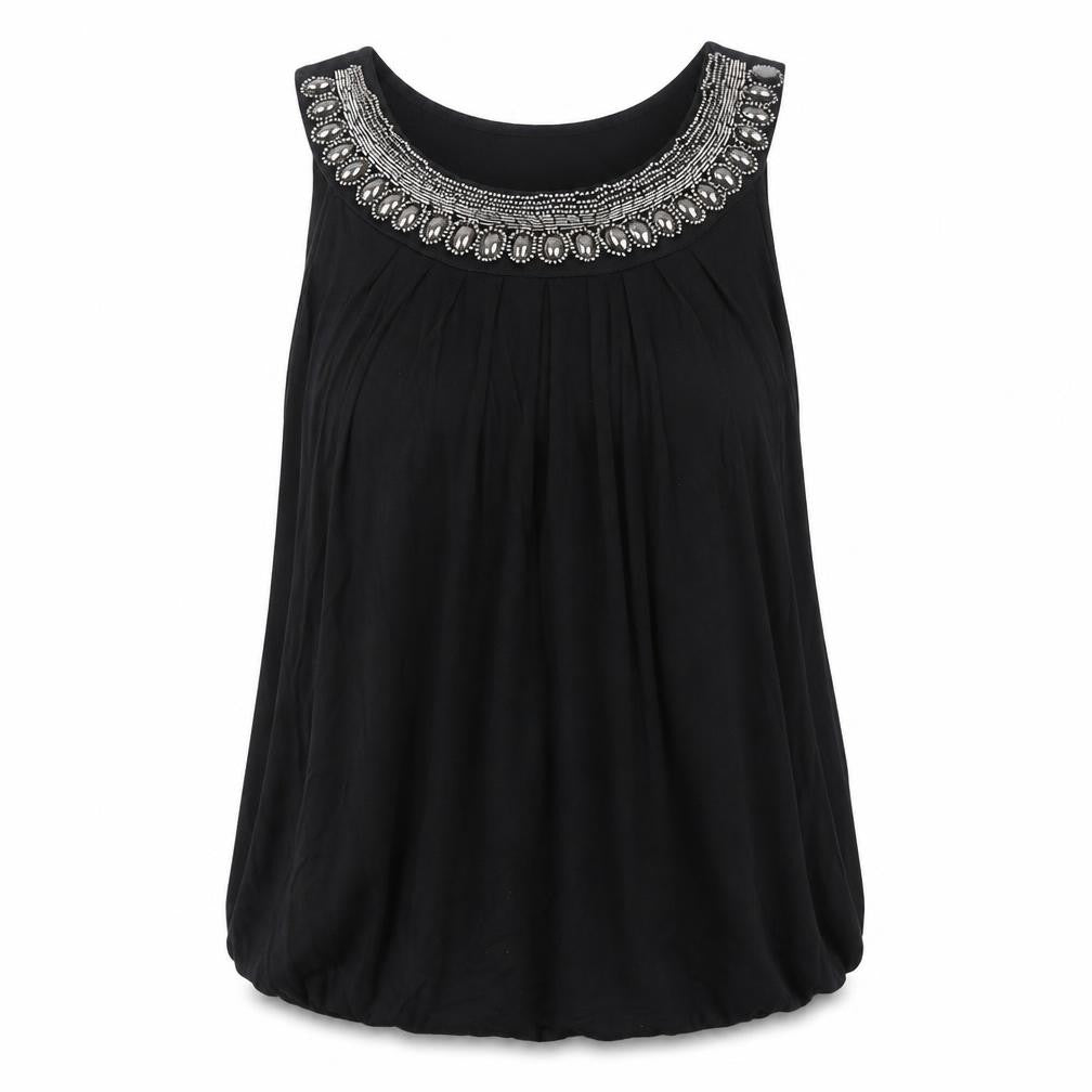 Front view of Cynthia Rowley women’s black viscose basic blouse, size UK 12, scoop neck