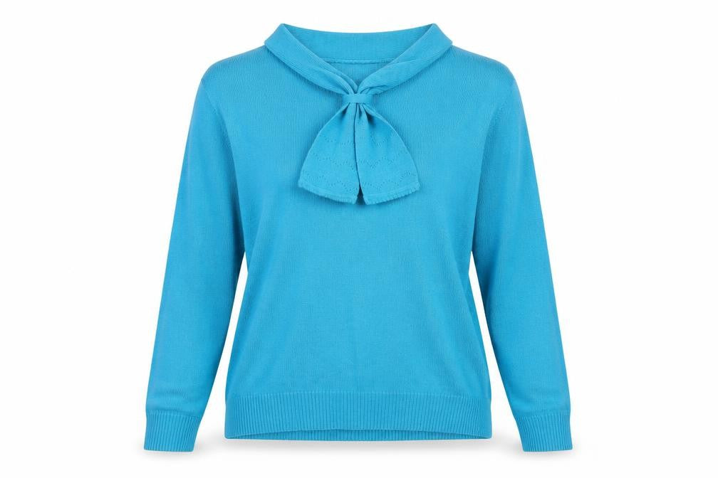 Front view of EWM women’s blue v-neck acrylic jumper, size UK 14, -, size UK 14-16