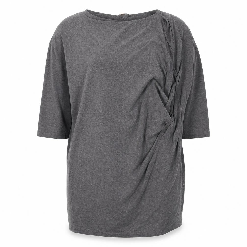 Front view of Bellambia women’s grey polyester basic t-shirt, size L, round neck