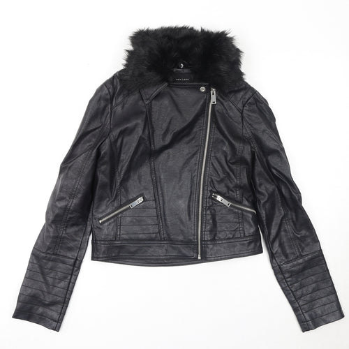 New Look Girls Black Jacket Size 14-15 Years Zip - faux Fur Trim