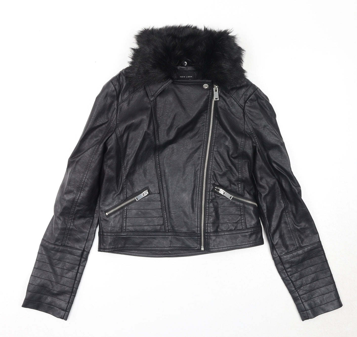 New Look Girls Black Jacket Size 14-15 Years Zip - faux Fur Trim