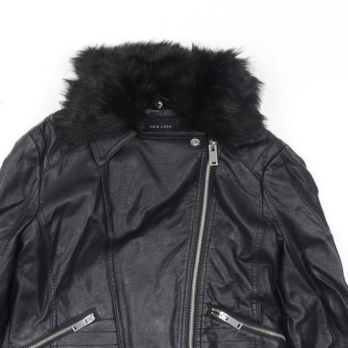 New Look Girls Black Jacket Size 14-15 Years Zip - faux Fur Trim