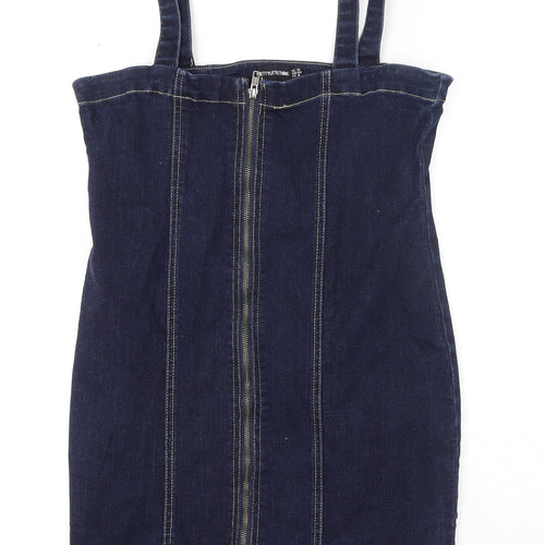 PRETTYLITTLETHING Womens Blue Cotton Mini Size 12 Square Neck Zip