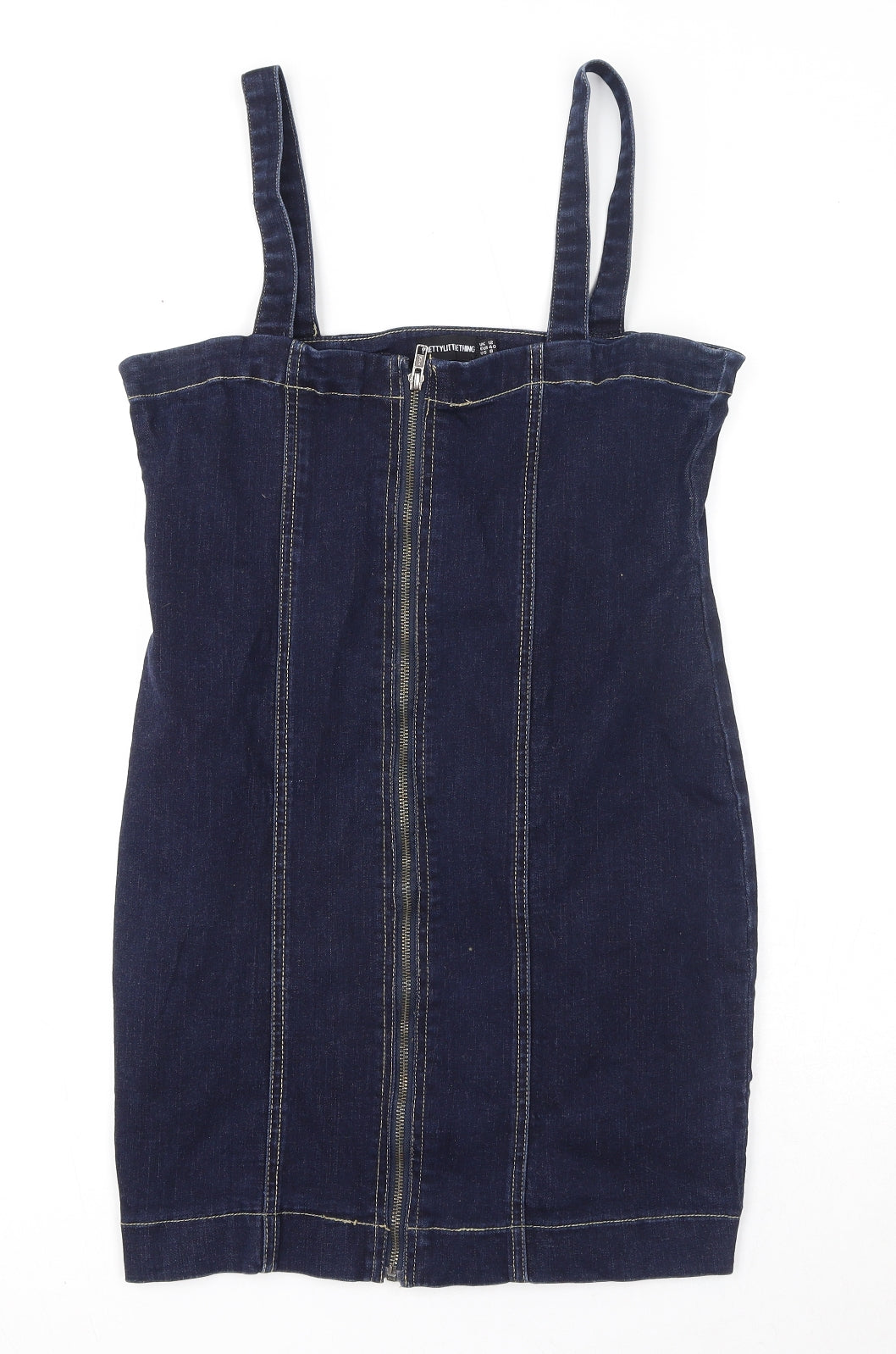 PRETTYLITTLETHING Womens Blue Cotton Mini Size 12 Square Neck Zip