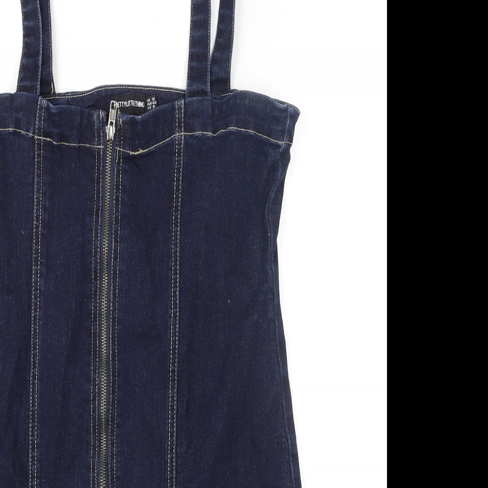 PRETTYLITTLETHING Womens Blue Cotton Mini Size 12 Square Neck Zip
