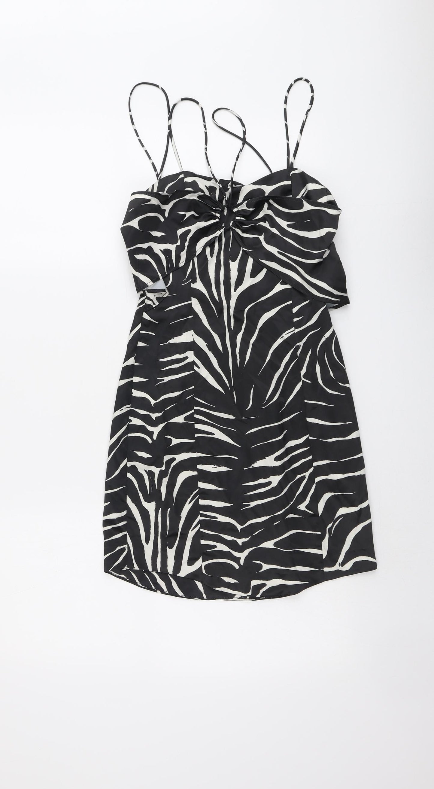 Zara Womens Black Animal Print Polyester A-Line Size XS V-Neck Zip - Zebra Pattern