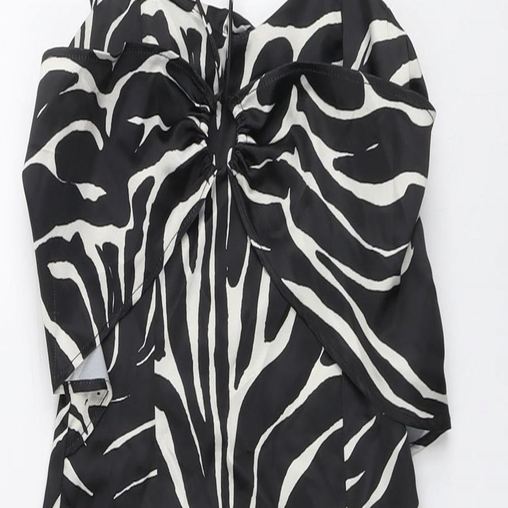 Zara Womens Black Animal Print Polyester A-Line Size XS V-Neck Zip - Zebra Pattern