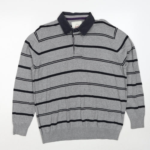 Atlantic Bay Mens Grey Collared Striped Cotton Pullover Jumper Size L Long Sleeve Pullover